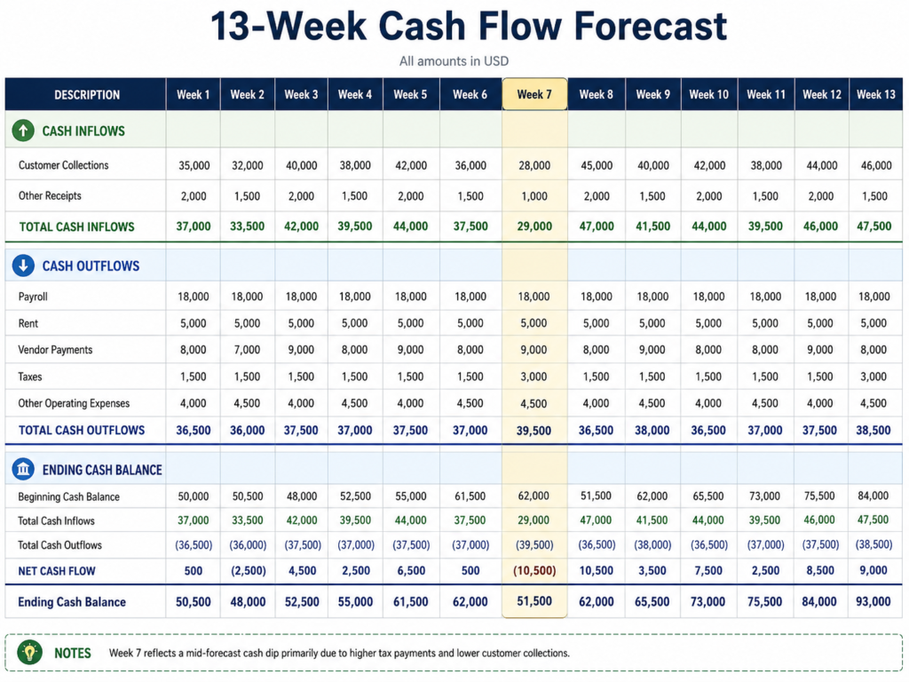 13-week-cash-flow-forecast-template-screenshot.jpg Screenshot of the 13-week cash flow forecast template showing weekly inflows, outflows, and ending balance