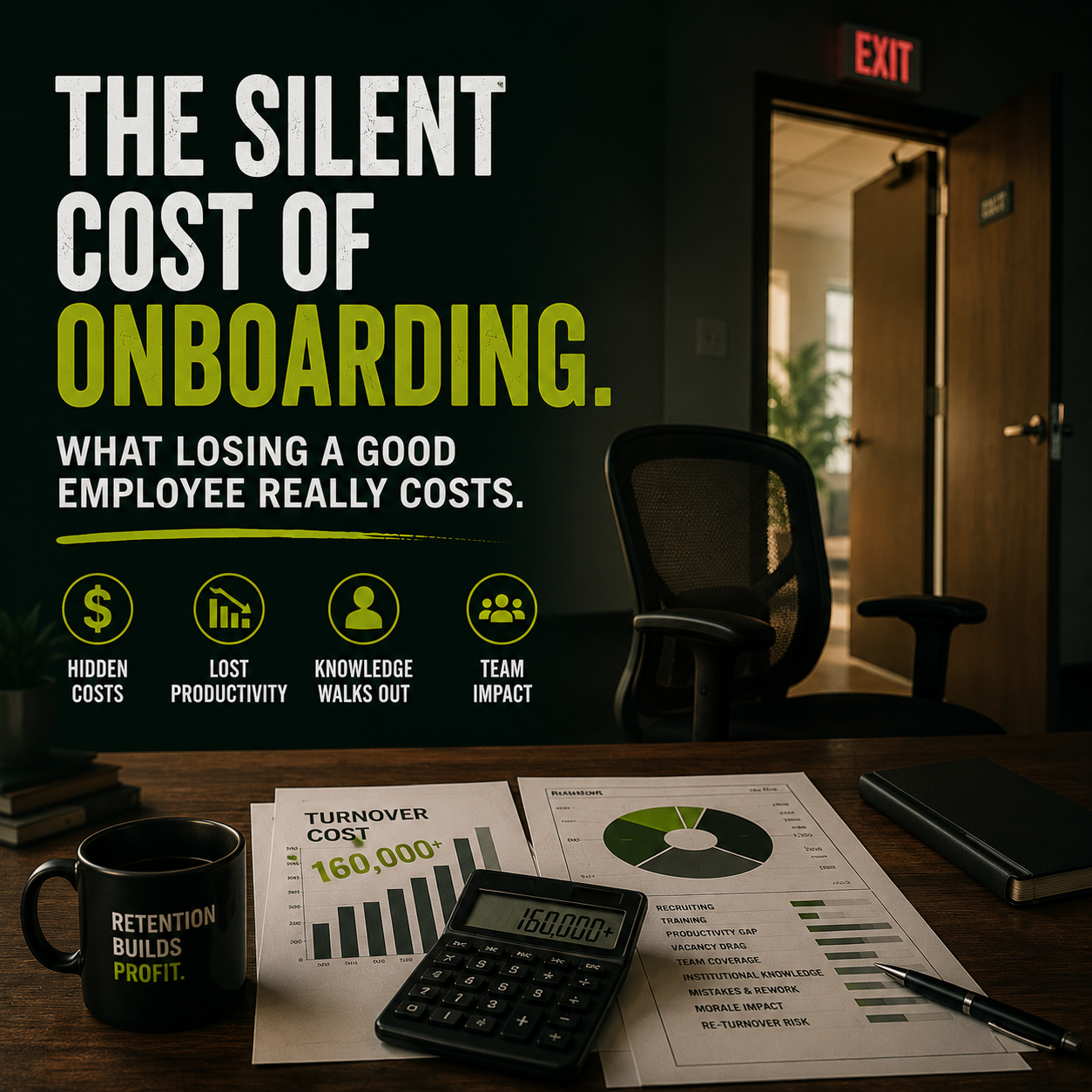 Manager calculating employee turnover cost and onboarding expenses at a desk with charts