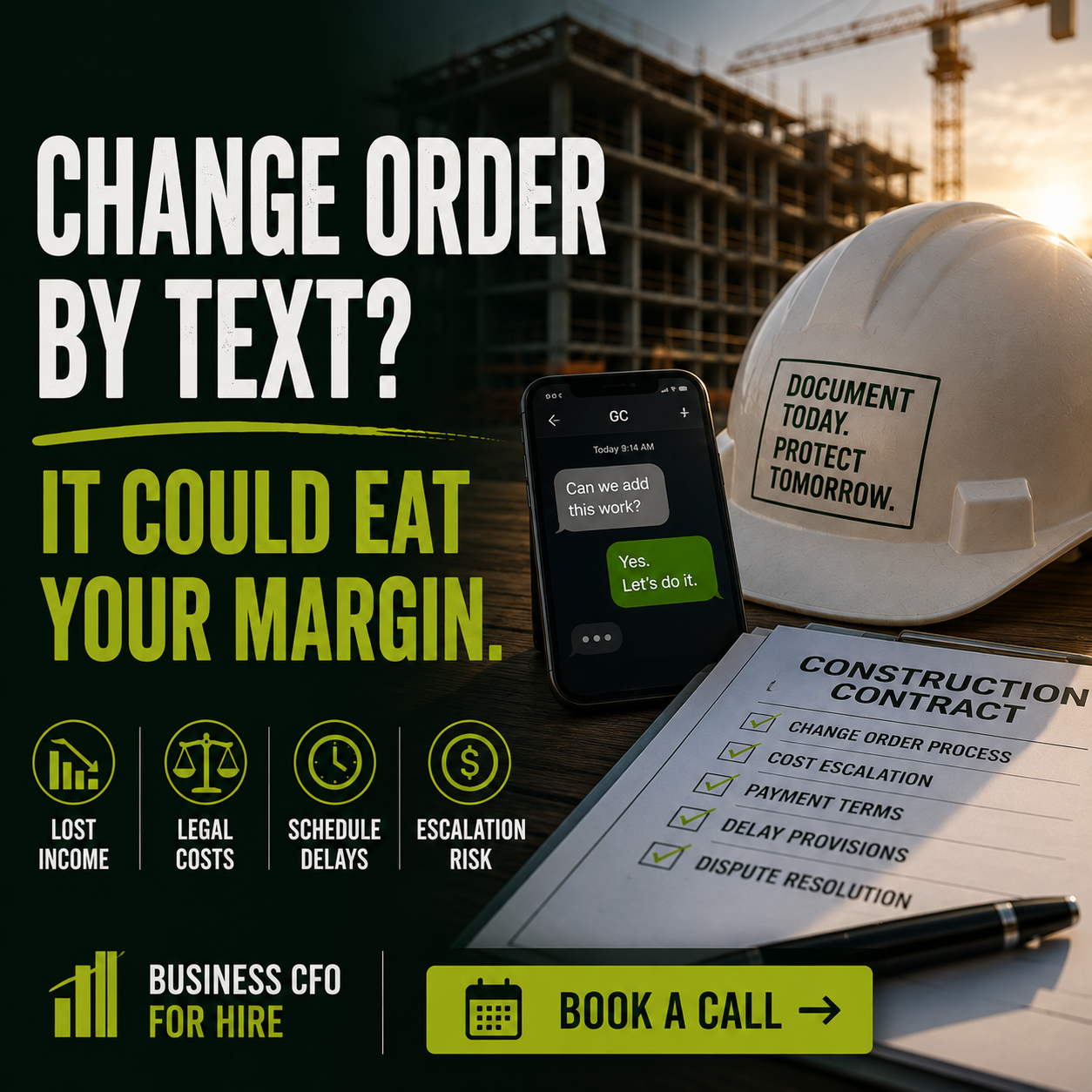 Real estate developer reviewing a construction change order and contract documents on a job site