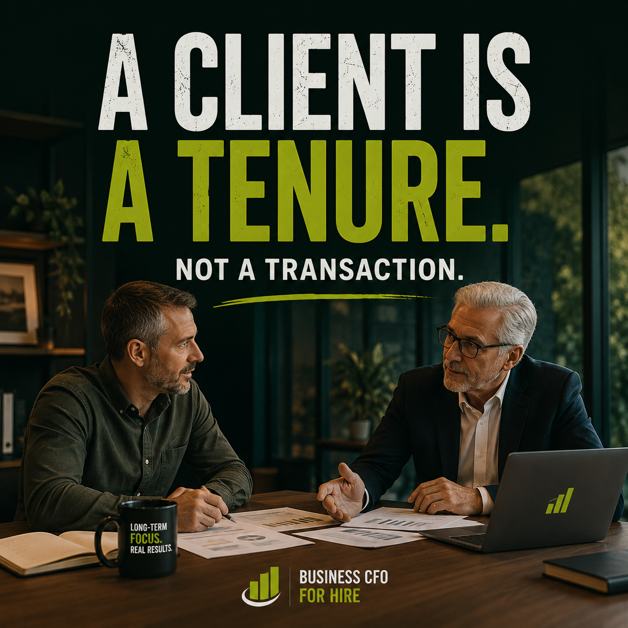 Two people at a table in an ongoing working relationship, conveying continuity and trust rather than a one-time meeting.