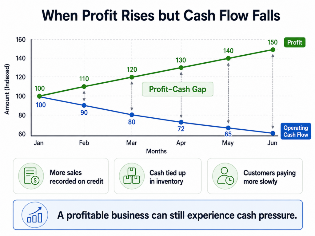 Chart showing profit growing while cash flow declines, illustrating the cash flow vs. profit gap
