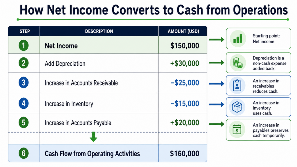 Reconciliation table showing how net income converts to actual cash from operations