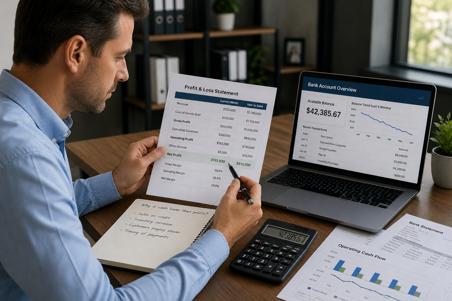 Business owner comparing a profit and loss statement against an actual bank balance