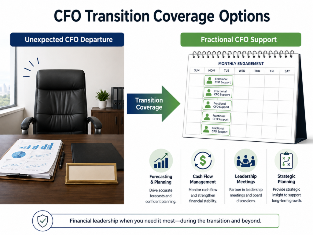 Graphic illustrating CFO transition coverage options after a sudden departure