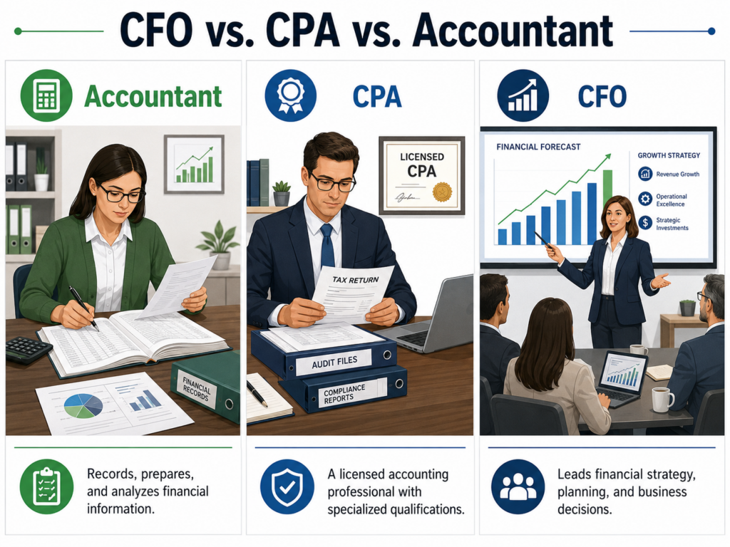cfo-vs-cpa-vs-accountant-roles.jpg Three-panel graphic illustrating the roles of an accountant, a CPA, and a CFO