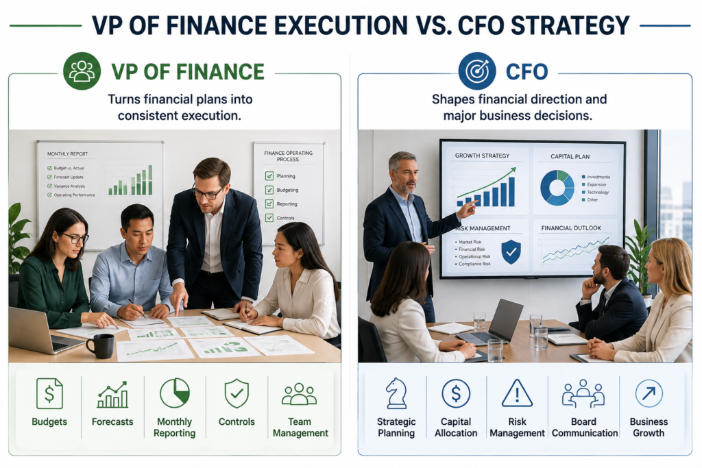 vp-finance-execution-vs-cfo-strategy.jpg Comparison graphic illustrating VP of Finance execution work versus CFO strategic work