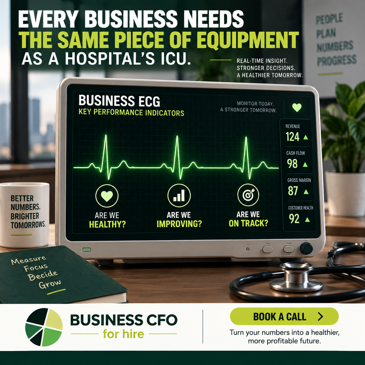 Business owner reviewing KPIs like a business ECG dashboard