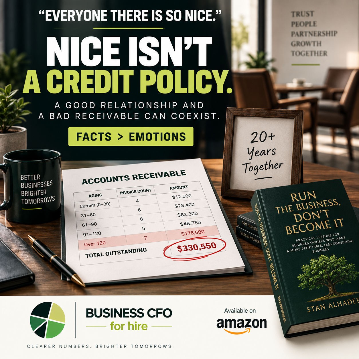 Business owner reviewing a bad receivable hidden behind a long-standing customer relationship