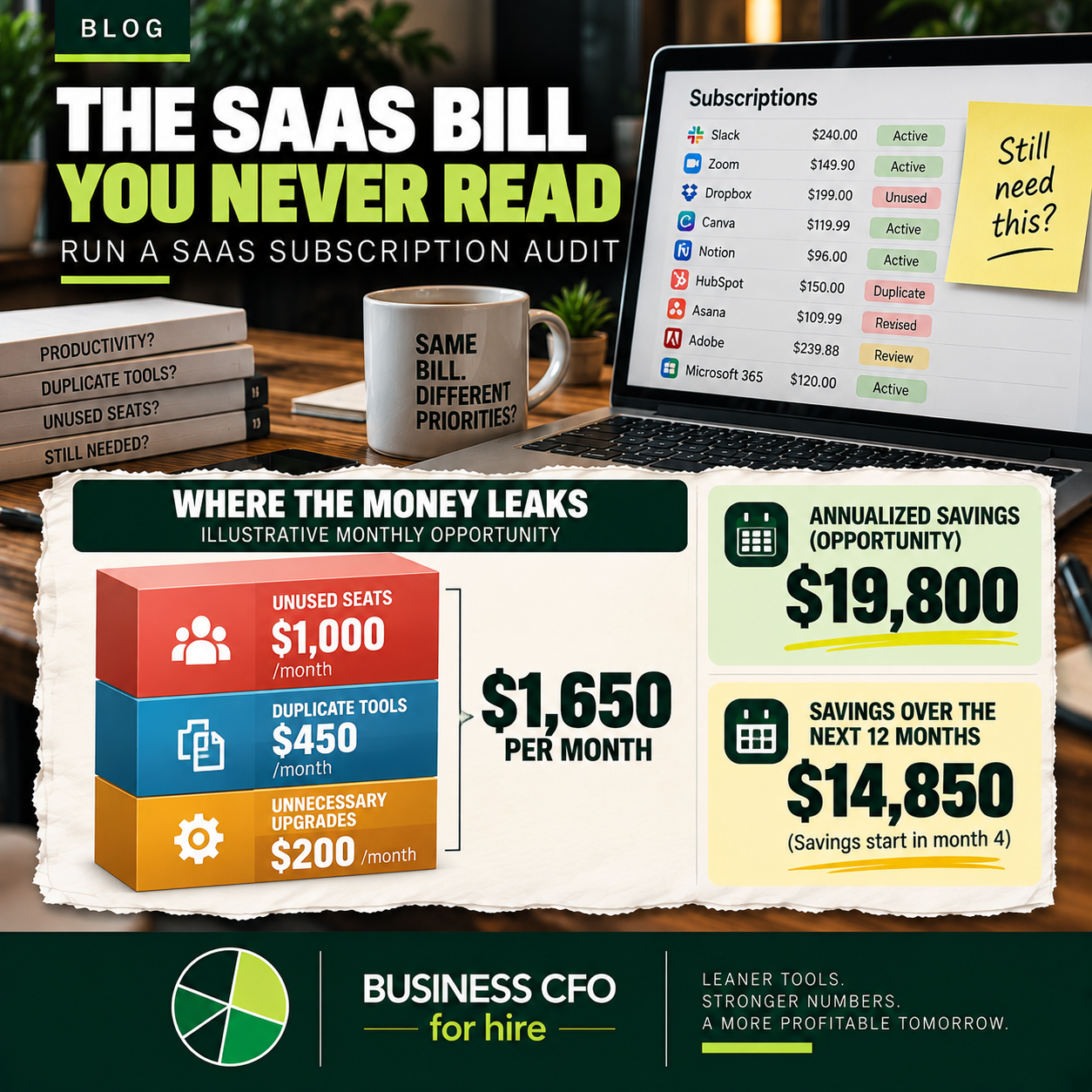 Business owner running a SaaS subscription audit to find unused seats and duplicate tools