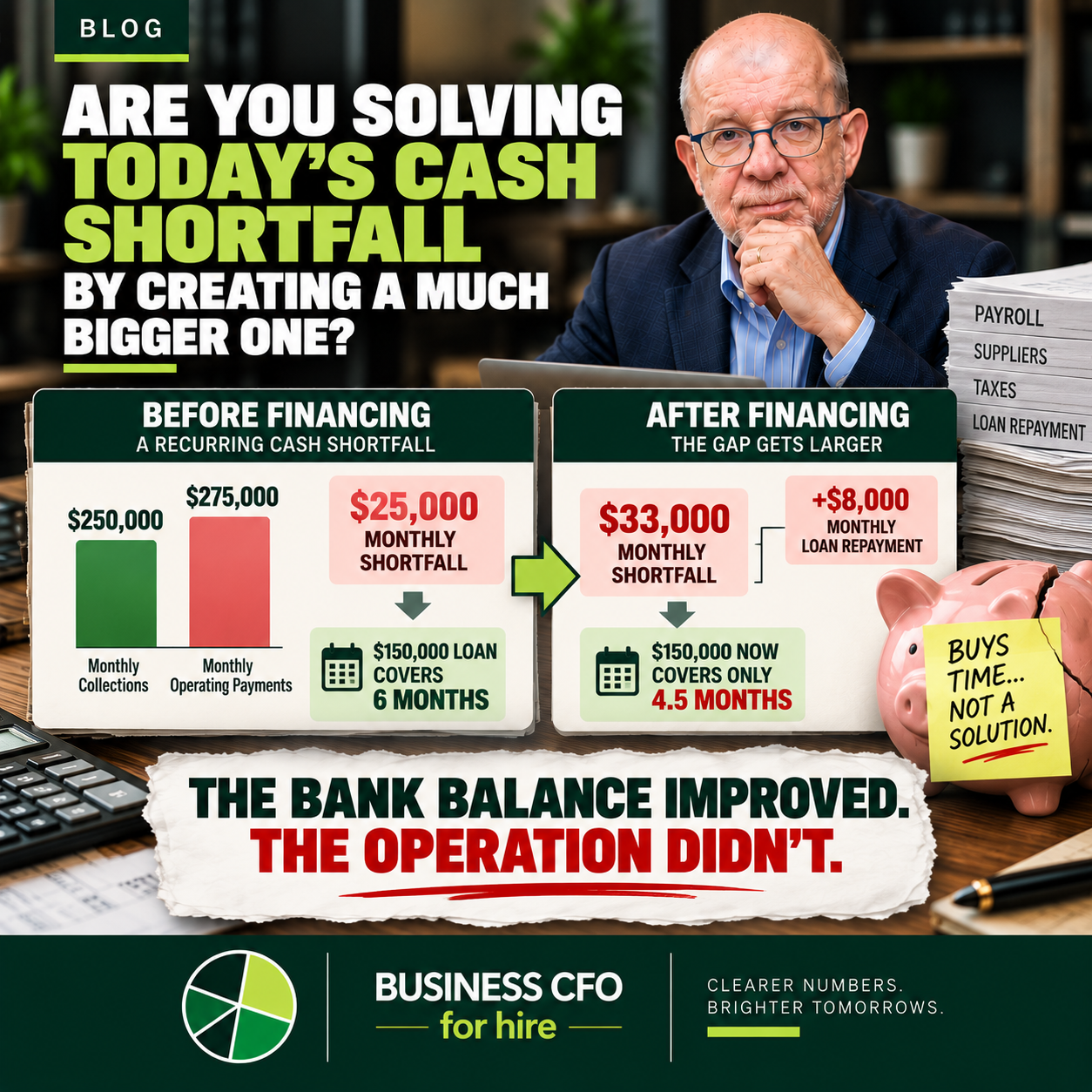 Business owner reviewing a cash shortfall against a 13-week forecast before taking a loan