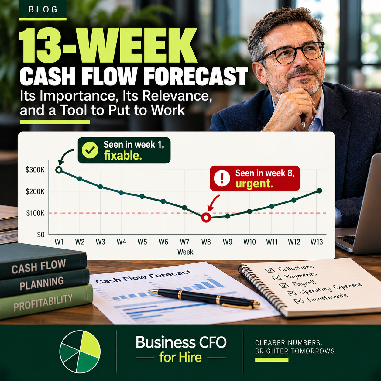 Business owner reviewing a 13-week cash flow forecast with weekly inflows and outflows
